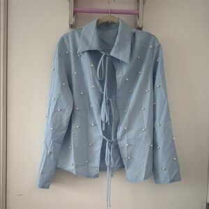 SHEIN Sky Blue Top with Pearl Accents